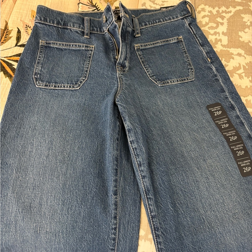 Jcrew Factory Petite Wide Leg Patch Pocket Full Length Blue Jeans